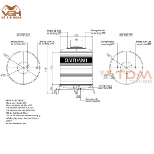 Bồn Inox Đại Thành 1500L Đứng SUS 304